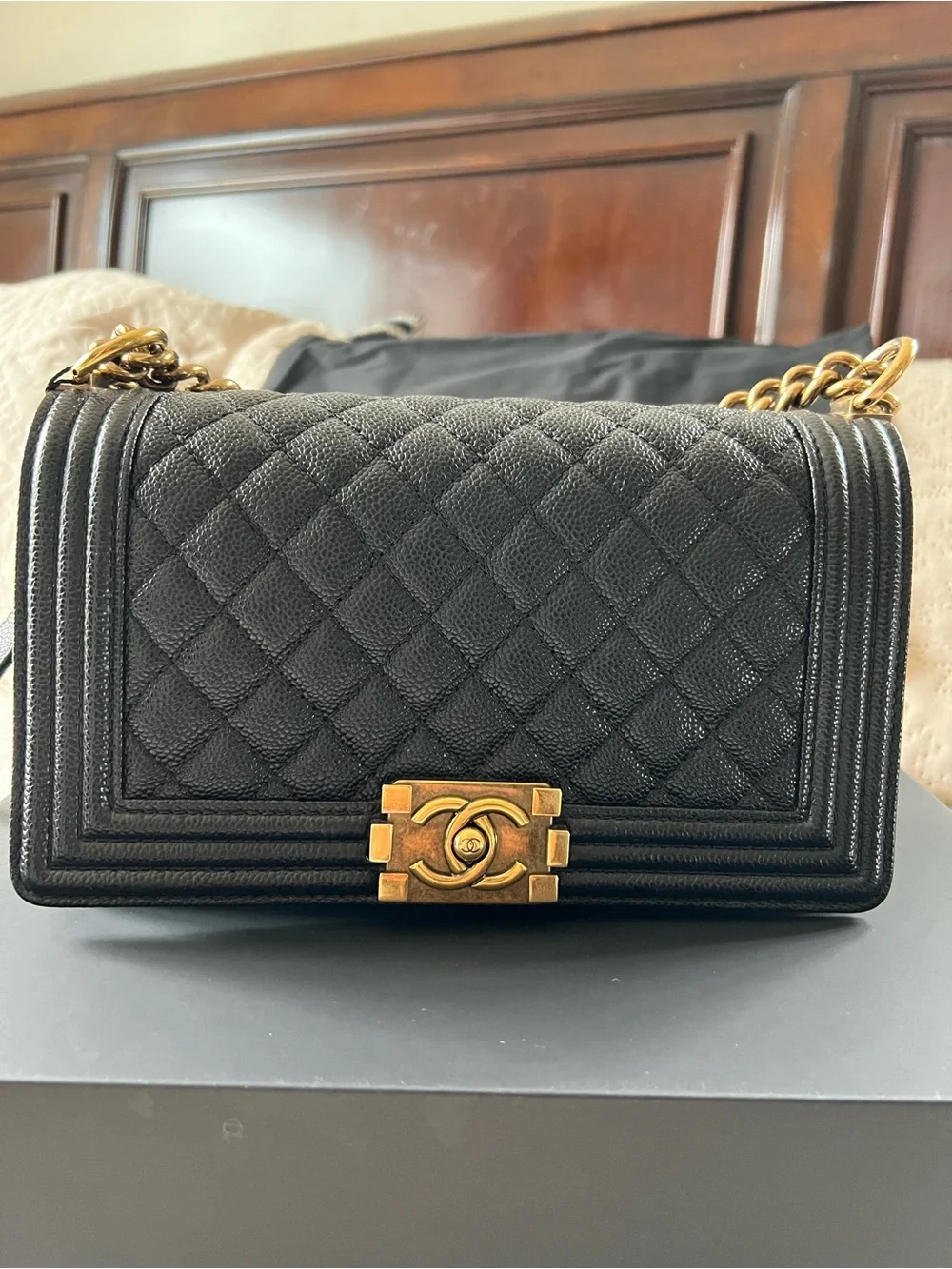 CHANEL Black Quilted Boy Bag with Gold-Tone Hardware